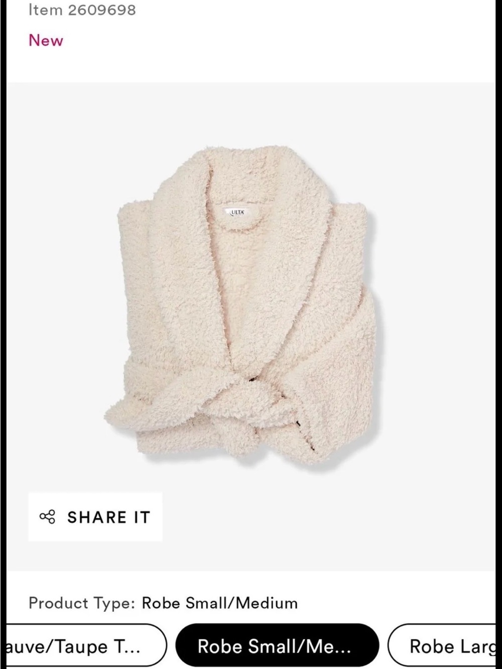 NWT Ulta Beauty Ultra Plush Bath Robe. Cream color. Size S/M